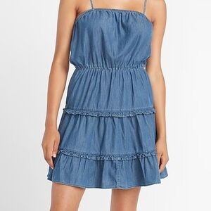 Express Denim Square Neck Tiered Mini Dress XL Stretch Denim Ruffled Dress